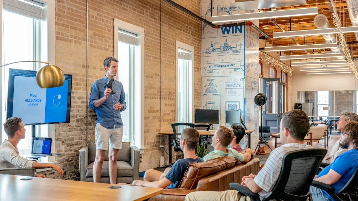 Business professionals discussing financing options in a modern office